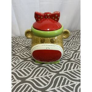 Cookie Jar Sock Monkey Earthenware Ceramic Lid with Bow Red Mouth Real Home